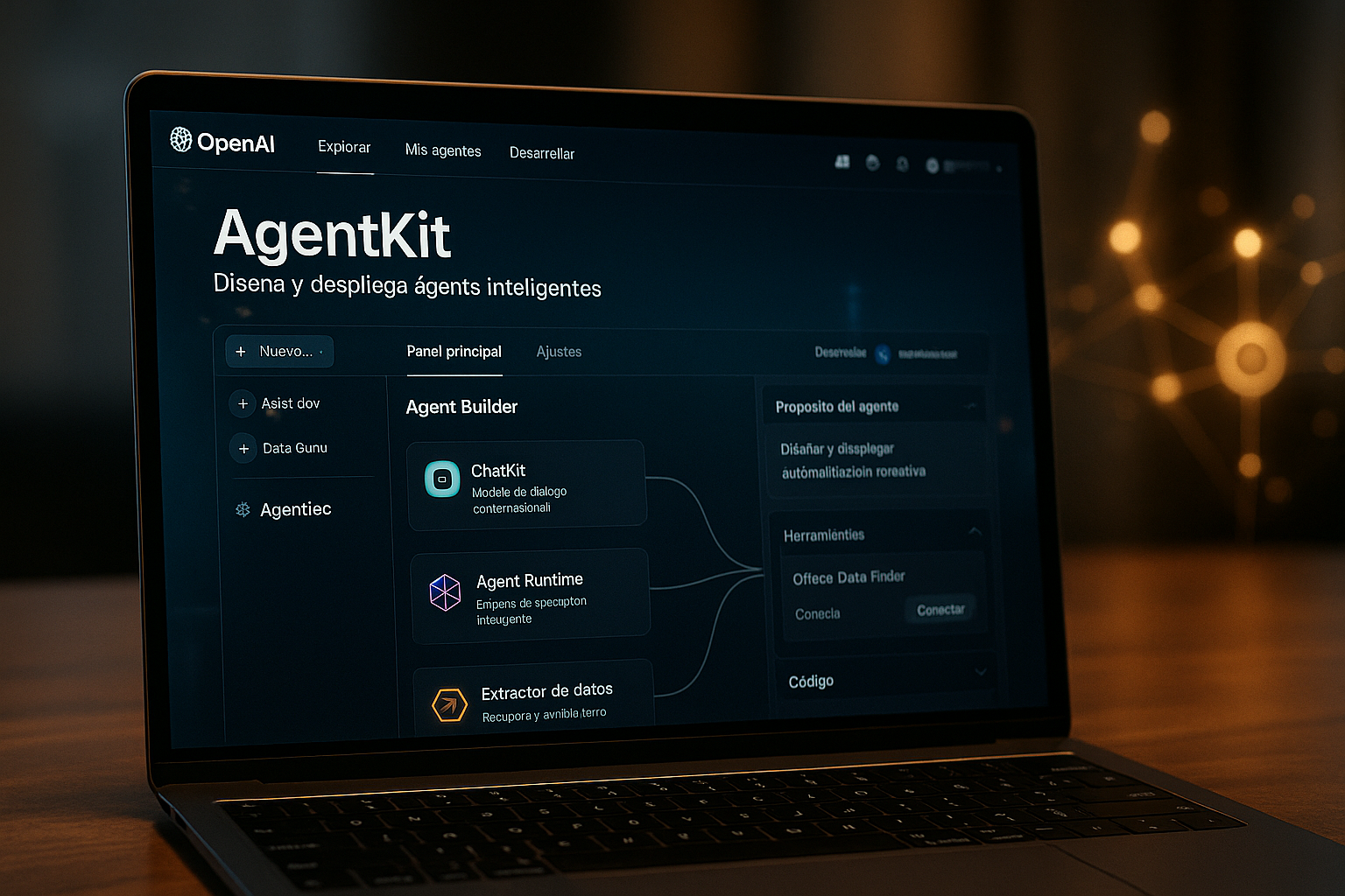 Dashboard holográfico de agentes y nodos de IA